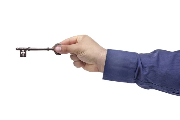Бизнесмен рука держит винтажный ключ изолирован — стоковое фото