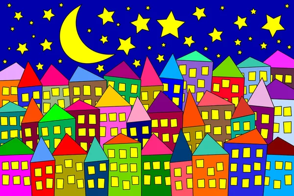 Εικονογράφηση πολύχρωμο συσκευασμένα αφελής cityscape τη νύχτα. Αρχείο EPS — Διανυσματικό Αρχείο