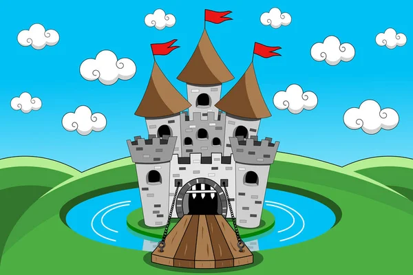 Γελοιογραφία κάστρο με Ανόρθωση γέφυρας κάτω από ανοικτή πύλη και τάφρο — Διανυσματικό Αρχείο