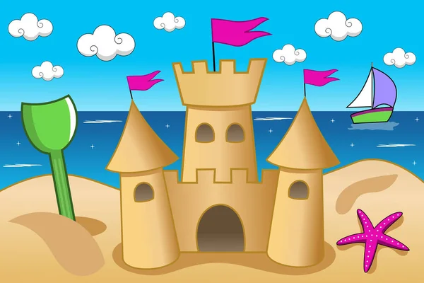 Ілюстрація з піщаним замком на пляжі влітку — стоковий вектор