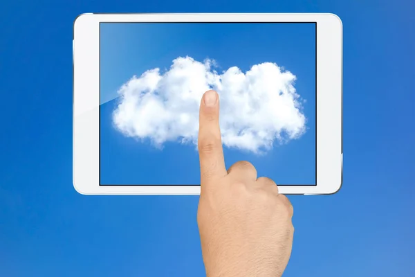 Mão de trabalho nuvem tela branca tablet Pc — Fotografia de Stock