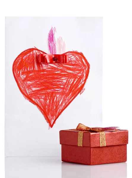 Frihand Rita rött hjärta och presentbox — Stockfoto