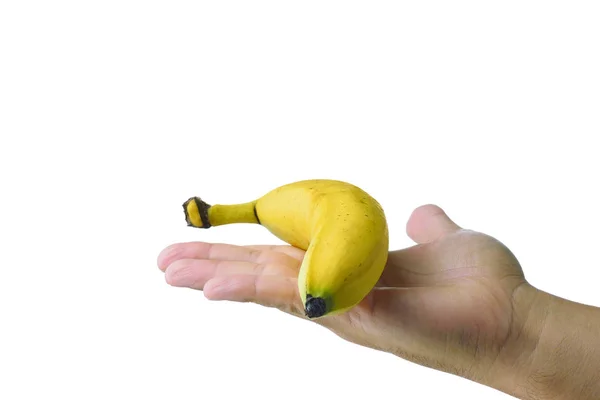 Hand, die Banane auf Palm isoliert — Stockfoto