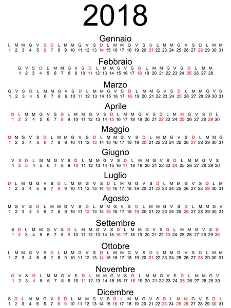 Calendario 2018 Días festivos italianos marcados — Vector de stock