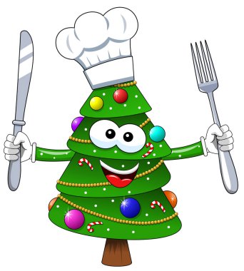 Noel Noel ağacı maskot aşçı karakter çatal ve bıçak izole etmek