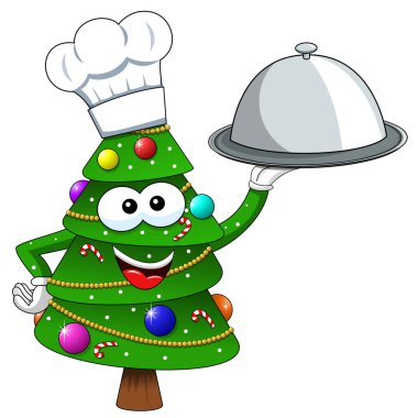 Noel Noel ağacı maskot aşçı karakter gümüş tepsi izole