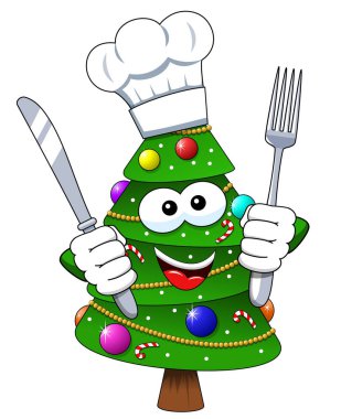 Noel Noel ağacı maskot aşçı karakter çatal ve bıçak izole etmek