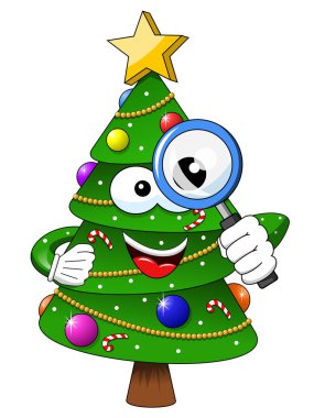 Noel Noel ağacı maskot karakter izole Büyüteç