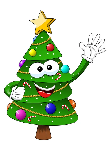 Xmas christmas tree mascot character waving isolated — Stock Vector