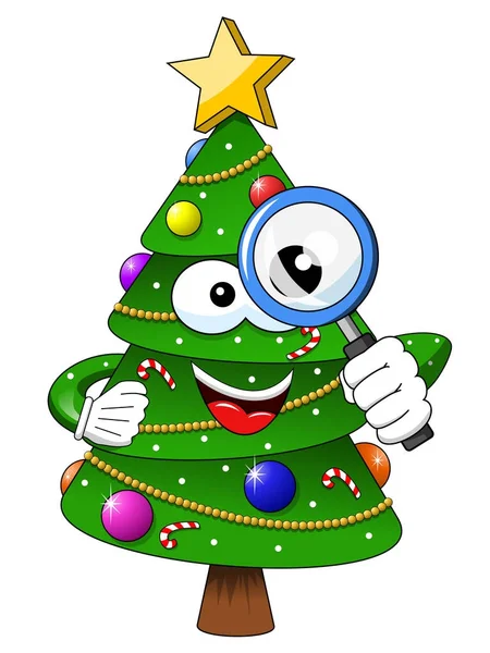 Xmas christmas tree mascot character magnifying glass isolated — Stock Vector