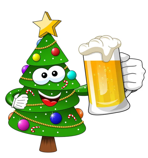 크리스마스 크리스마스 트리 마스코트 캐릭터 고립 된 맥주잔을 들고 — 스톡 벡터
