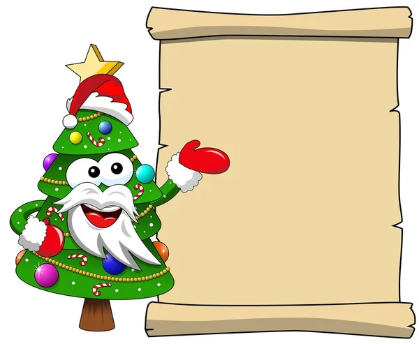 Xmas árvore de natal santa claus mascote personagem apresentando blan — Vetor de Stock