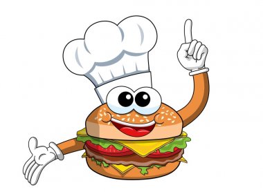 Çizgi film hamburger karakter aşçı el parmak kadar izole