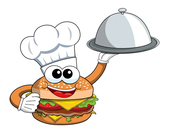 Rajzfilm hamburger karakter cook szolgáló elkülönített ezüst tálca — Stock Vector