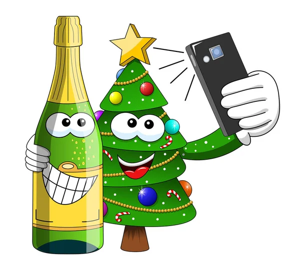 Xmas árvore de natal espumante garrafa de vinho mascote personagem selfi — Vetor de Stock