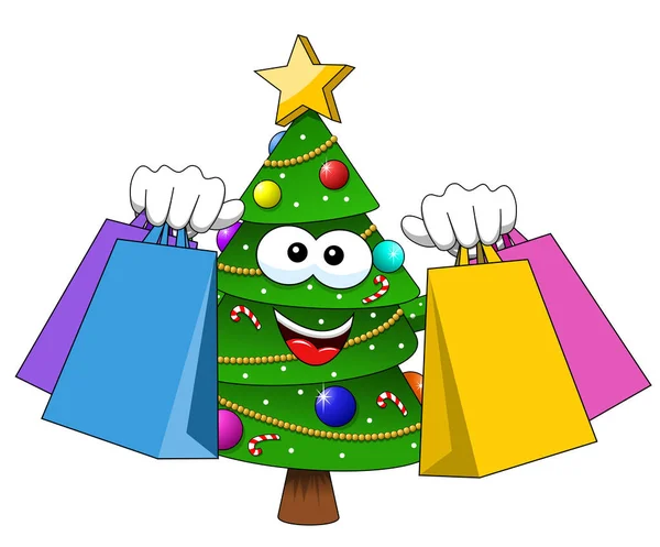 Natale albero mascotte personaggio shopping borse vendita isolato — Vettoriale Stock