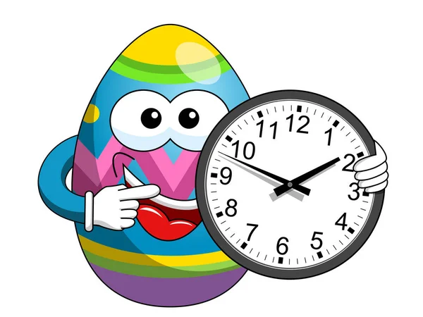 Decorato uovo di Pasqua mascotte che indica orologio da parete — Vettoriale Stock