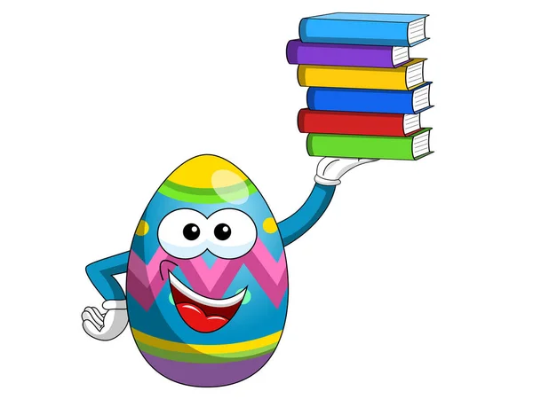Mascote decorado Páscoa ovo segurando pilha de livros coloridos isol — Vetor de Stock