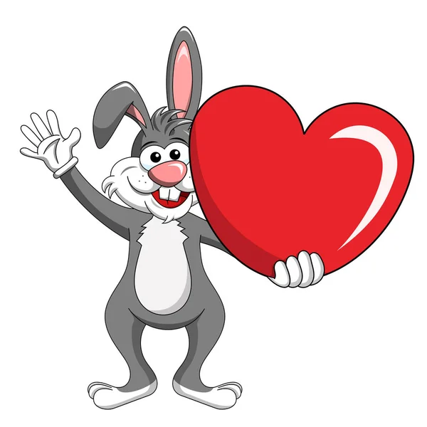 Cartoon grappig karakter of mascotte konijn houdt groot hart isola — Stockvector