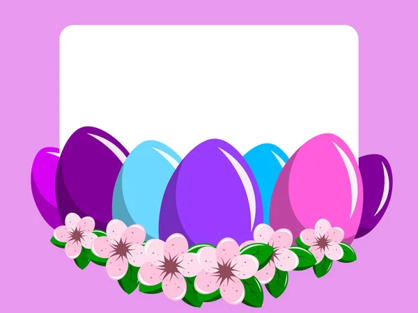 Huevos pintados con tarjeta en blanco flores de melocotón aisladas — Vector de stock