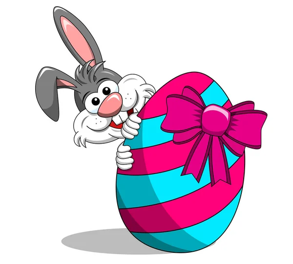Lindo conejo o conejito echar un vistazo a un boo detrás de huevo pintado con arco isol — Vector de stock