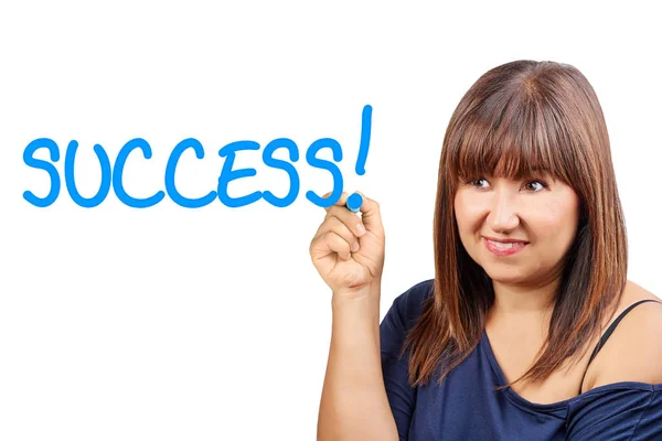 Brunette woman writing success with felt tip pen isolated on whi — Stock Photo, Image