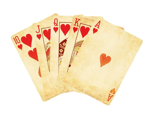 Whit üzerinde izole kalp royal flush poker kartları dışarı aşınmış — Stok fotoğraf