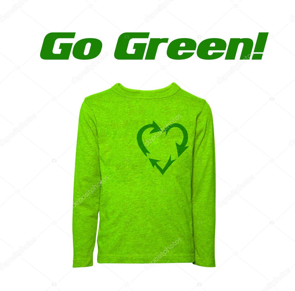 Go green recycling sign heart shaped sweater isolated on white