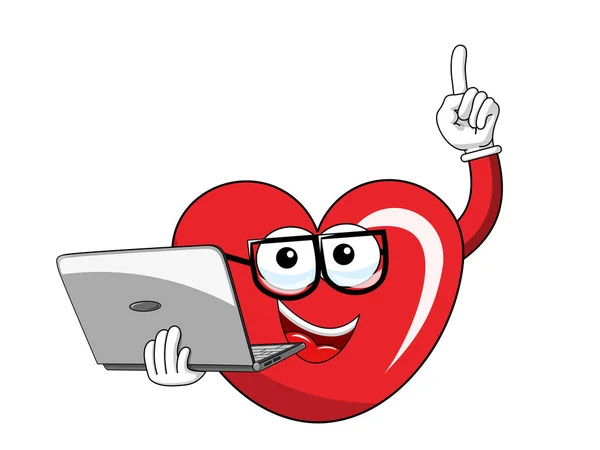 Cartoon mascote coração óculos computador laptop isolado — Vetor de Stock