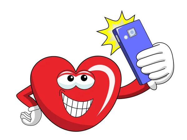 Corazón de la mascota de dibujos animados tomando selfie teléfono inteligente aislado — Archivo Imágenes Vectoriales