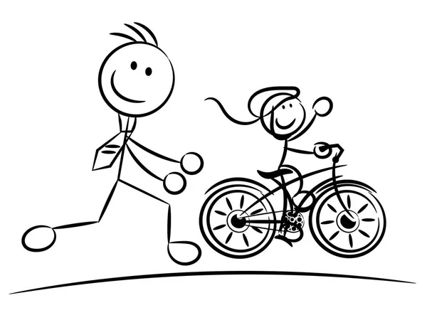 Ayah mendukung anak perempuan pertama naik sepeda terisolasi - Stok Vektor