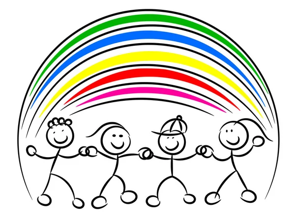 Děti nebo děti ruku v ruce rainbow samostatný — Stockový vektor