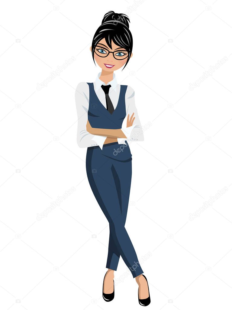 Businesswoman standing crossed arms and ankles in confident pose isolated