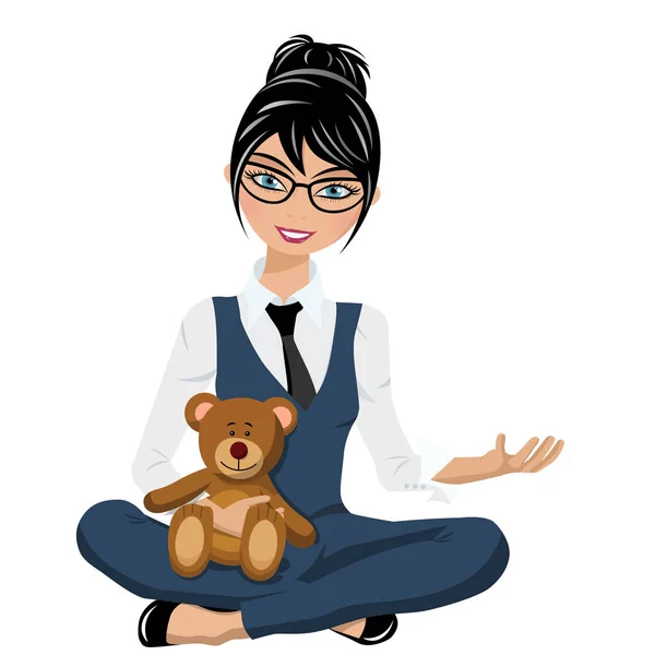 Businesswoman sit crossed arms and legs holding teddy bear isolated — Stock Vector