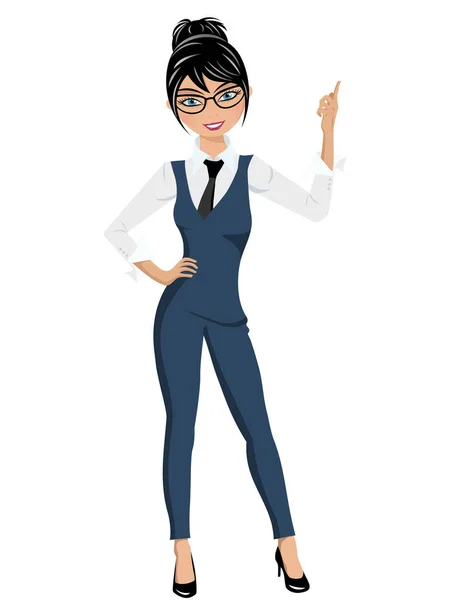 Businesswoman standing finger up pose presenting or indicating isolated — Stock Vector