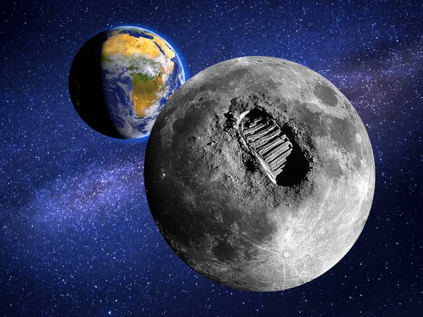 Stort fotavtryck eller steg på månens yta i universum. Bild vänligt från Nasa — Stockfoto