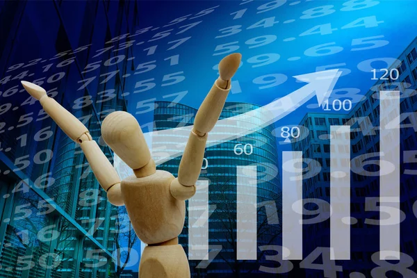 Wooden mannequin exulting hands up successful stock rise statistics graph — 스톡 사진
