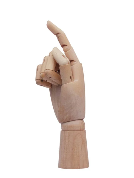 Mão de madeira humana indicando gesto isolado — Fotografia de Stock