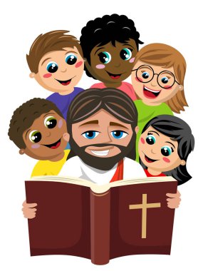 Group of multicultural happy kids surrounding jesus christ reading holy bible book isolated on white clipart