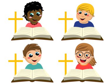 Set of multicultural happy kids reading religion book next to christian cross symbol isolated on white