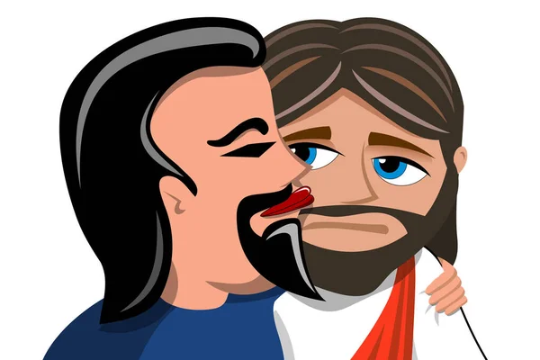 Judas betrays Jesus kissing him isolated on white — Stok Vektör
