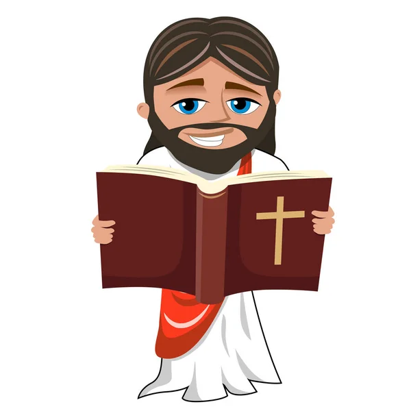 Jesus Christus liest heilige Bibel Buch Karikatur isoliert auf weiß — Stockvektor