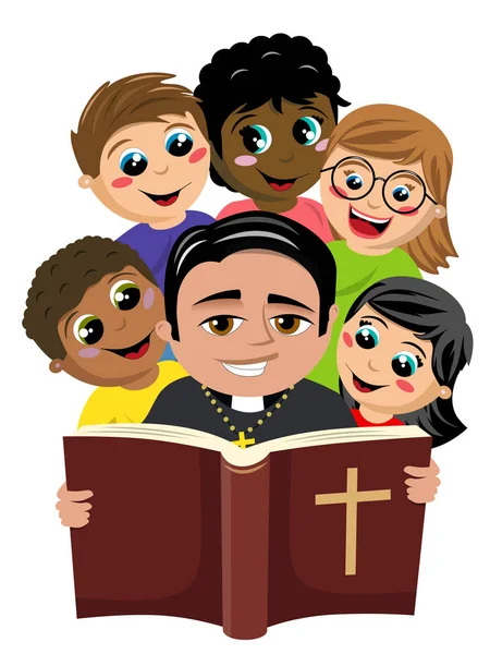 Grupo de niños felices multiculturales que rodean al sacerdote cristiano leyendo el libro sagrado de la Biblia aislado en blanco — Archivo Imágenes Vectoriales