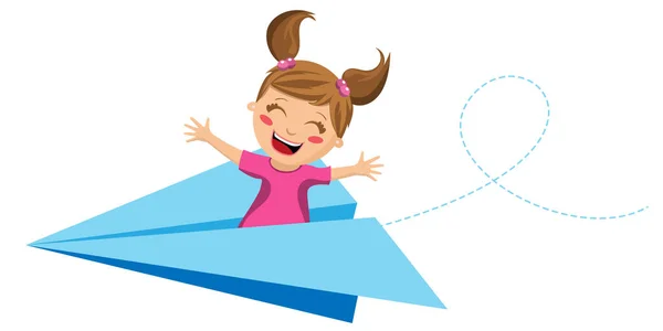 Anak gadis bahagia menikmati terbang di atas pesawat kertas terisolasi di atas putih - Stok Vektor