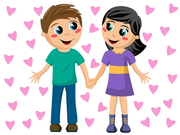Little Girl and boy hand in hand against background of hearts isolated on white — Stock vektor