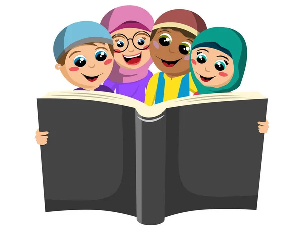 Feliz grupo de chicos y chicas musulmanes leyendo un gran libro juntos aislados en blanco — Vector de stock