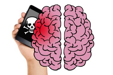 Hand holding mobile radiating brain and causing health damage isolated. Cancer Concept