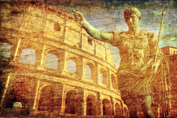 Starověcí Římané značí pozadí se sochou imperátora Conqueror Colosseum Old Europe Map — Stock fotografie