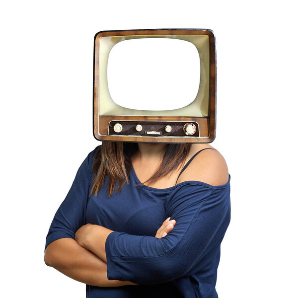 surreal influencer woman arm crossed with vintage television on his head blank screen isolated on white