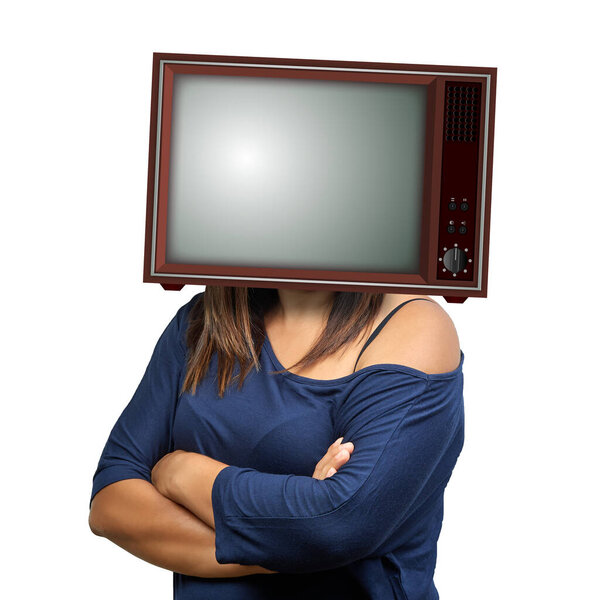 surreal influencer woman arm crossed with vintage television on his head blank screen isolated on white